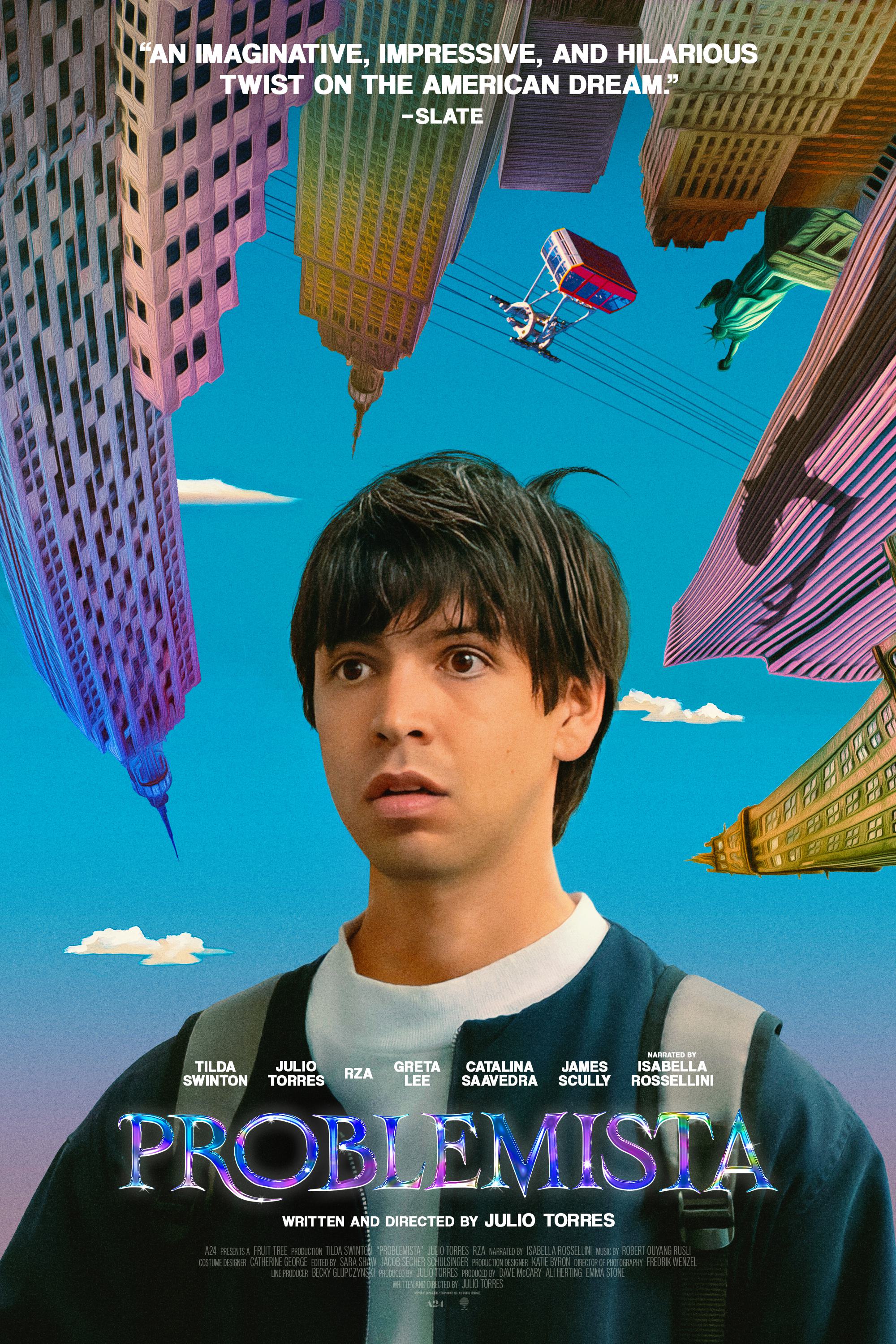 Film poster for Problemista, a surreal digital composition featuring a young man with dark hair centered against a vivid blue sky, surrounded by inverted colorful skyscrapers, flying figures with parachutes, and small clouds.